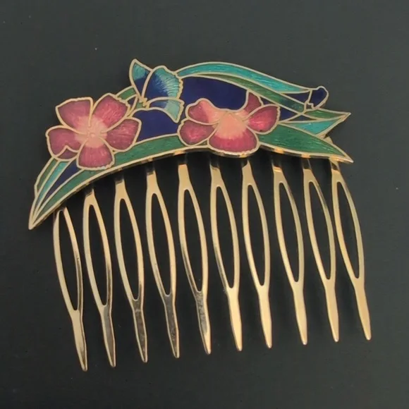 Vintage-Cloisonne Pink , purple and Blue‎ Floral Hair Comb - Picture 2 of 5